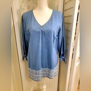 Talbots Blue Tunic Blouse with White Embroidery and 3/4 Sleeves, Size Large